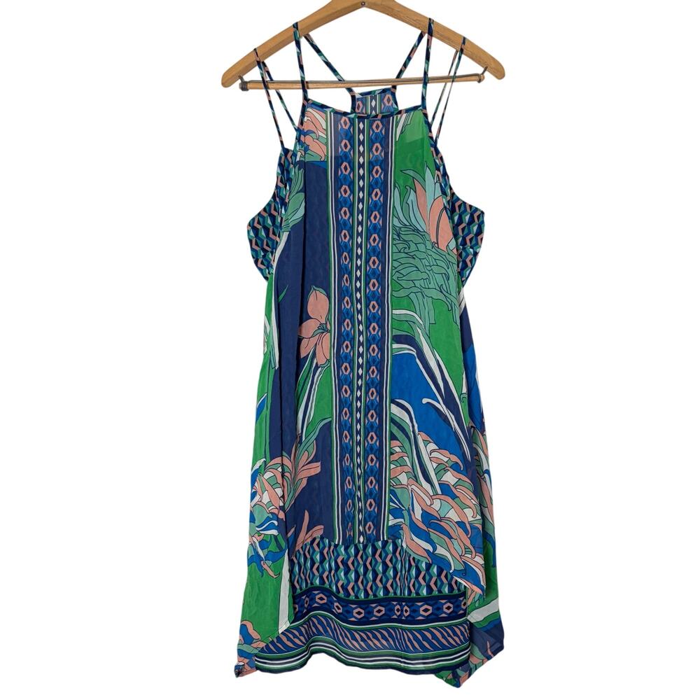 Maeve 2 pc blue green silk geometric dress. Sheer overlayer. Size M. boho, flowy